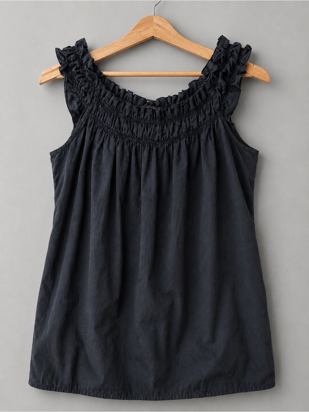 ANA A New Approach Petite Medium Black Sleeveless Ruffle Neck Cotton Blouse PM
